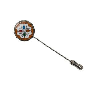 Vintage enamel abstract flower stick pin silver blue green orange